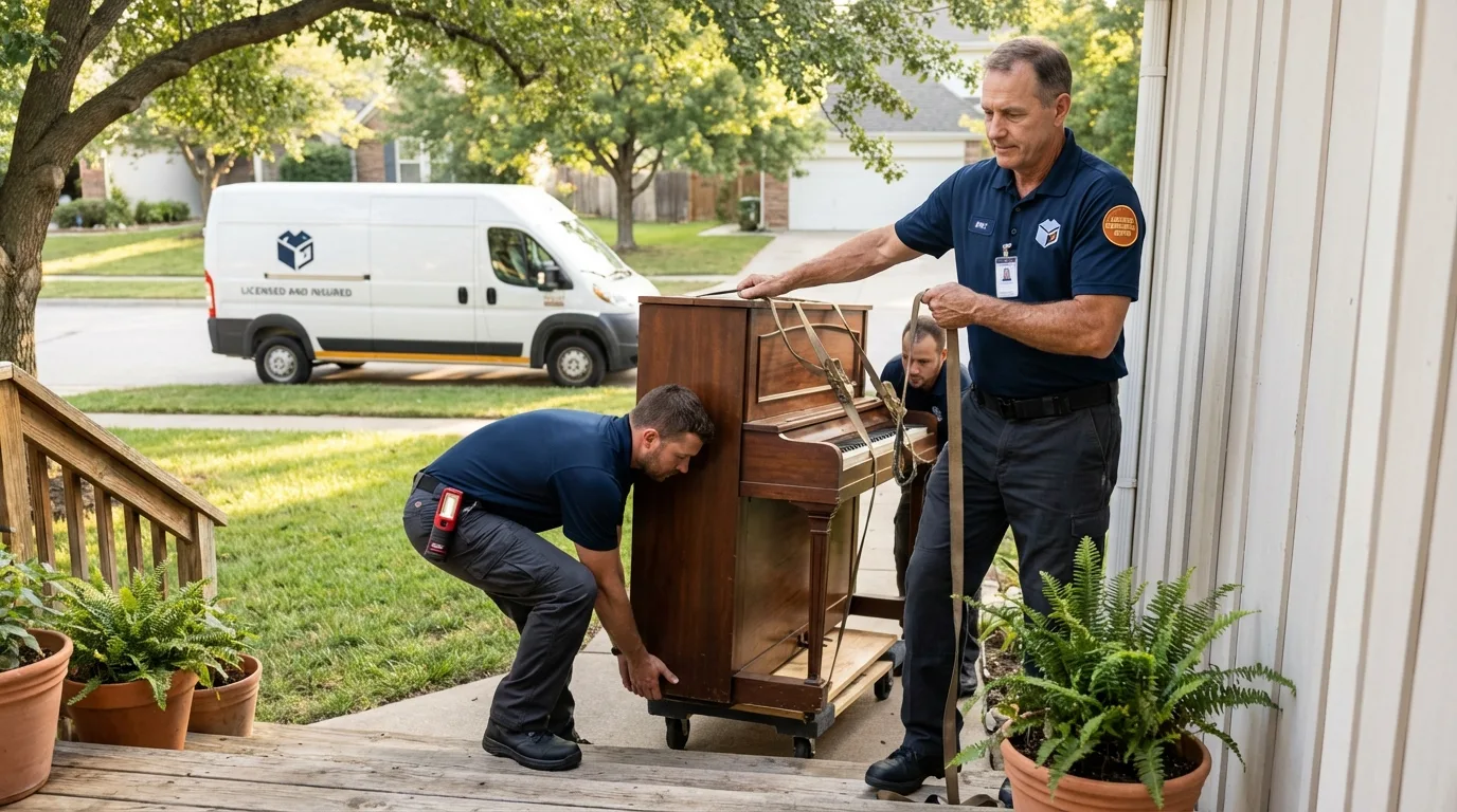 Licensed piano movers securing grand piano in Hana, HI