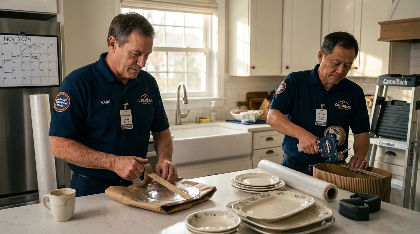Professional crew packing kitchen dishware in Hana, HI